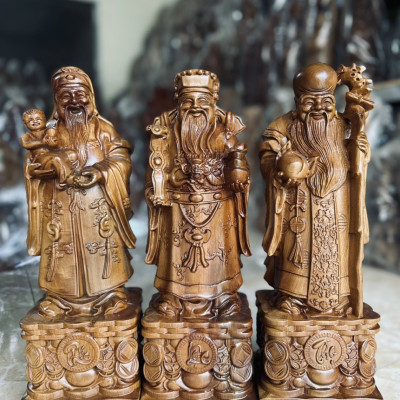 Bộ tượng phật tam đa phúc lộc thọ bằng gỗ bách xanh thơm phức kt cao 20×8×6cm