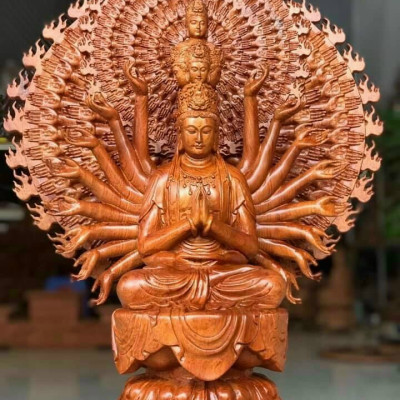 Tượng phật thiên thủ thiên nhãn bồ tát nghìn mắt nghìn tay bằng gỗ hương đá kt cao 60×48×20cm
