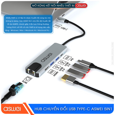 Hub Chuyển Đổi USB Type C ASWEI 5 in 1 - HDMI, USB 3.0, Lan, PD 100W Tốc Độ Cao - Hàng Chính Hãng