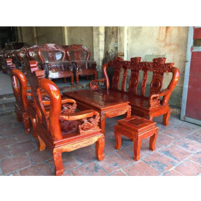 bộ bàn ghế phòng khách bộ Nghê Đinh 3 đầu cột 10 gỗ xà cừ