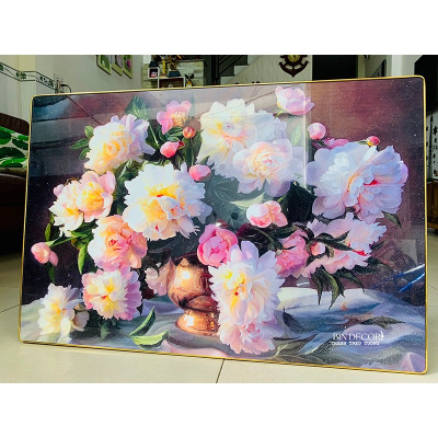 (ẢNH THẬT) Tranh treo tường bình hoa hồng 4 tráng gương bo viền kèm đinh treo