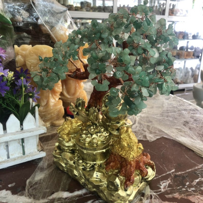 Cây Tài Lộc với tiểu cảnh bát tụ bảo và cóc thiềm thừ ngậm tiền phong thủy tài lộc đá thạch anh xanh - Cao 30 cm