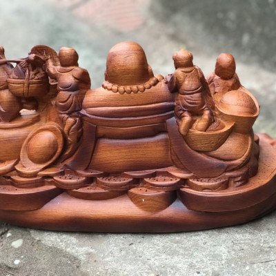 Tượng phật di lặc ngũ phúc bằng gỗ hương đá tô làm mầu giả cổ kt 40×20×20cm