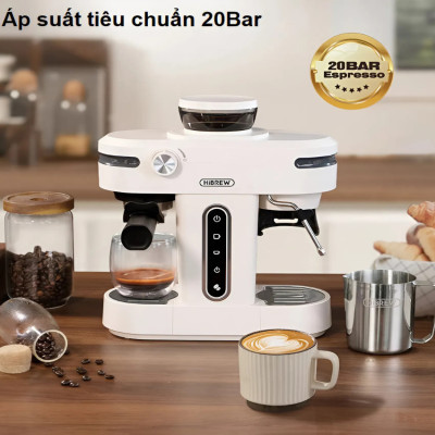Máy pha cà phê bán tự động 3 trong 1 Espresso, Cappuccino, Latte. Kết hợp máy xay cà phê 15 chế độ. Thương hiệu Mỹ cao cấp HiBREW. HÀNG CHÍNH HÃNG