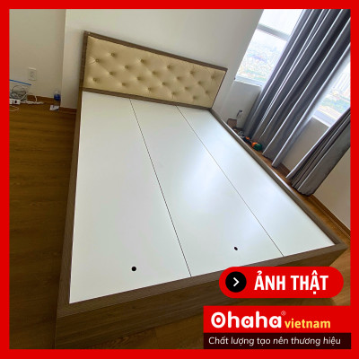 [Miễn phí vận chuyển & lắp đặt] Giường ngủ thông minh cao cấp bọc nệm đầu giường có hộc kéo gỗ công nghiệp Ohaha - GN019