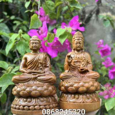 Combo 2 tượng phật thích ca và phật bà quan âm bồ tát bằng gỗ bách xanh thơm nức kt 12×6×6cm 