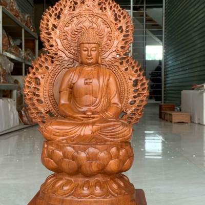 Bộ tượng phật tam thánh tây phương bằng gỗ hương đá kt cao 30×16×16cm +lá chắn hòa quang cao tổng 41×24cm