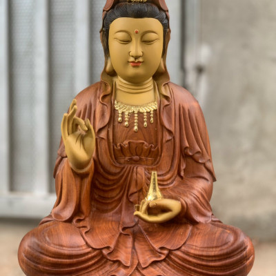Tượng phật bà quan âm bồ tát bằng gỗ hương đá  tô làm mầu giả cổ kt cao 50×25×25cm 