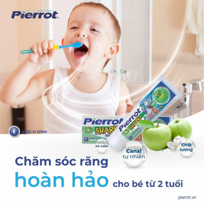 [ Mua 2 tặng 1 set kit ] Gel đánh răng trẻ em Pierrot Sharky Calci hữu cơ hương táo 75ML
