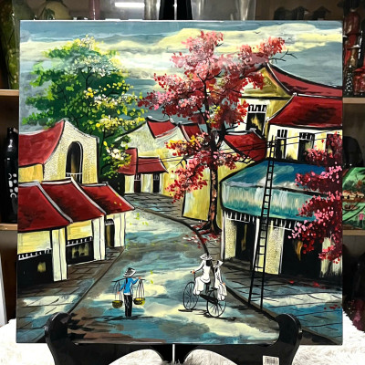 Tranh sơn mài phố cổ vẽ màu cẩn trứng đẹp , hàng xuất khẩu 50x50 cm