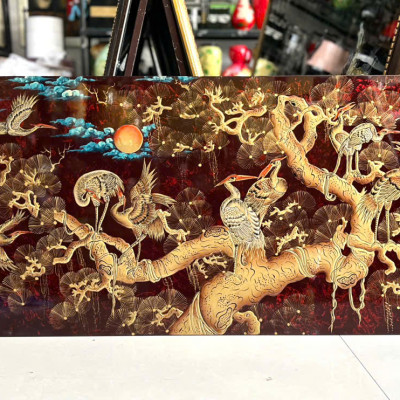 Tranh sơn mài - TÙNG HẠC DIÊN NIÊN - Đắp nổi size 60x120 cm - Ý Nghĩa Phong Thủy