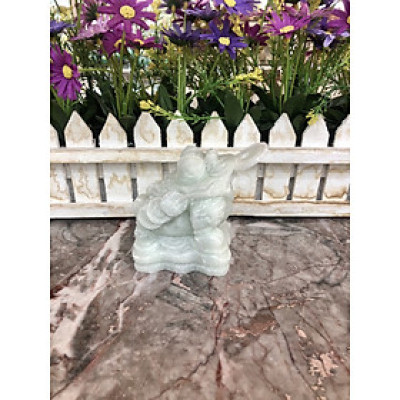 Tượng Cóc Ba Chân, Cóc Ngậm Tiền, Thiềm Thừ phong thủy chiêu tài lộc đá cẩm thạch trắng xanh - Dài 7 cm