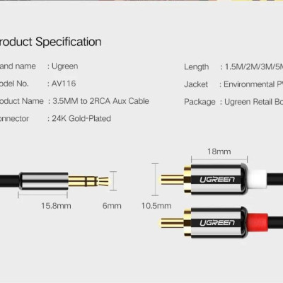 Ugreen UG10749AV116TK 1M màu Đen Cáp âm thanh 2 đầu Bông sen sang 3.5mm Dương mạ vàng - HÀNG CHÍNH HÃNG