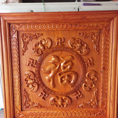 Tranh điêu khắc tích ngũ phúc lâm môn bằng gỗ hương đá đẹp long lanh kt 81×81×5cm