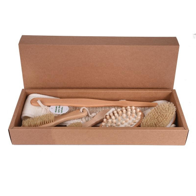 Bộ 5 Bàn Chải Tắm Cán Gỗ Tự Nhiên Làm Sạch Da Khô, Da Ướt Tiện Dụng, Gậy Tắm Massage Cơ Thể Body Cực Sạch BILA1116