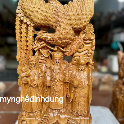 Tượng phật tam đa phượng hoàng phúc lộc thọ bằng gỗ bách xanh thơm nức cao 50x30x9cm