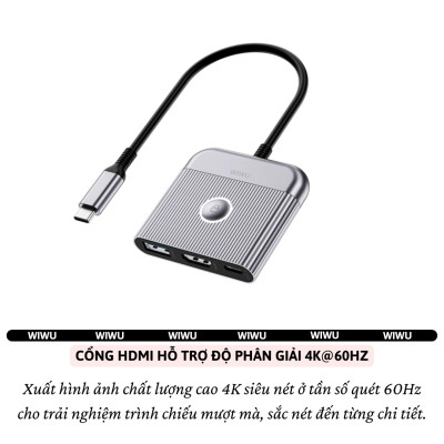 Hub chuyển đổi chia cổng Type-C 3in1 HDMI 4K@60Hz + PD 100W Type-C + USB 3.0 hiệu WIWU Travel Docking cho Macbook Laptop cho iPhone - Hợp kim nhôm, nhỏ gọn, bền bỉ, đa năng để vừa sạc vừa xuất màn hình và truyền dữ liệu nhanh chóng - Hàng nhập khẩu