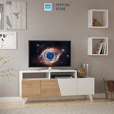 Kệ Tivi Phòng Khách Hiện Đại Màu Trắng Phối Vân Gỗ Sồi, Kèm 02 Kệ Ô Vuông Trang Trí SIB Decor TV14