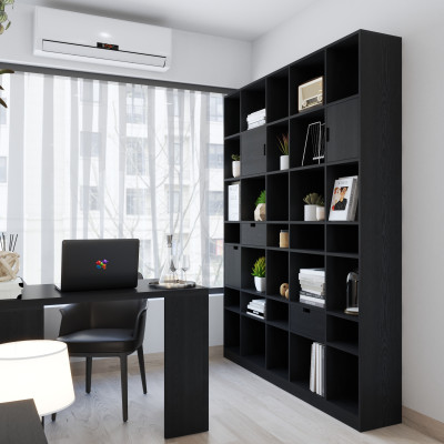 HAPPY FURNITURE , ALVA - Kệ sách 3 cửa mở 2 ngăn kéo, KSA_072 , 180cm x 28cm x 210cm DxRxC