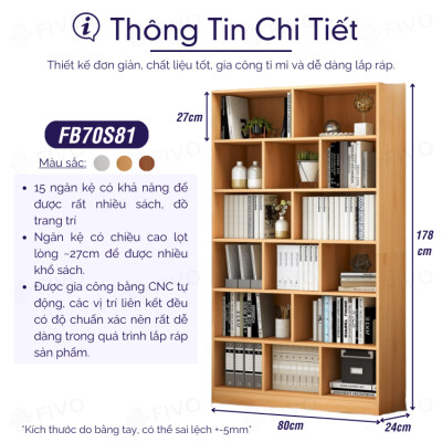 Kệ Sách Đứng Để Sàn FIVO Mã FB70 Chất Liệu Gỗ MDF Chống Thấm Bề Mặt Cực Tốt, Chia Ngăn Tiện Lợi, Kiểu Dáng Hiện Đại (Kích thước 80x24x178cm)