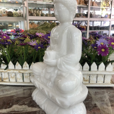 Tượng Phật A Di Đà ngồi đài sen đá cẩm thạch trắng - Cao 30 cm