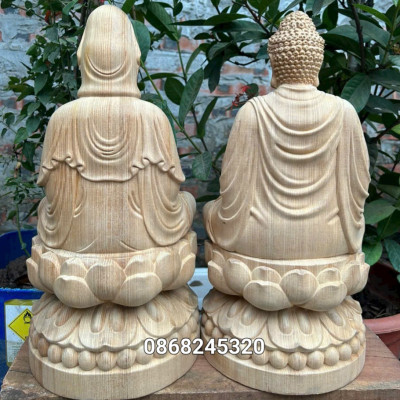 Cơmbo cặp tượng phật bà quan âm bồ tát và phật thích ca bằng gỗ ngọc am thơm nức kt cao 40×20cm 