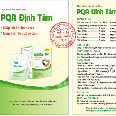 PQA Định Tâm PQA  là dược phẩm giúp bổ huyết, dưỡng tâm, an thần cho người hay hồi hộp, lo lắng, thần trí căng thẳng, mất ngủ.