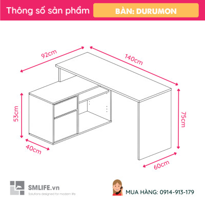 Bàn máy tính chữ L kết hợp tủ lưu trữ SMLIFE Durumon