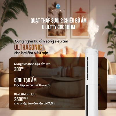 Quạt Tháp Sưởi 2 Chiều Bù Ẩm U ULTTY CR018HM - Công nghệ sưởi gốm Ceramic hiện đại - Hàng chính hãng