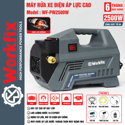 ( Động cơ Lõi Đồng ) Máy Rửa Xe Điện Workfix Cao Áp Công Suất Lớn 2500W - WF-PW2500W - Đây Đồng , Động cơ 160BAR - Bảo Hành Chính Hãg 6 Tháng