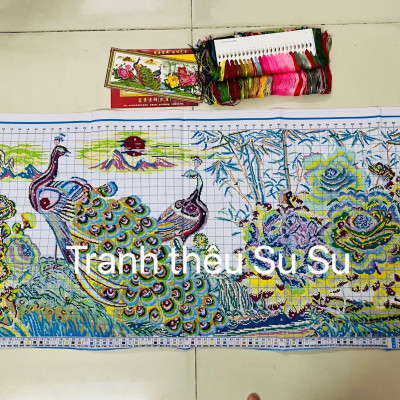 Tranh thêu chữ thập đôi công và hoa mẫu đơn 2561, kích thước 165*65 cm