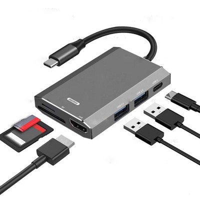 Hub chuyển đổi Remax RU-U30 6 in 1 cổng Type C ra USB 3.0 Hợp Kim Nhôm + HDMI + Đầu đọc thẻ nhớ - Hàng Chính Hãng