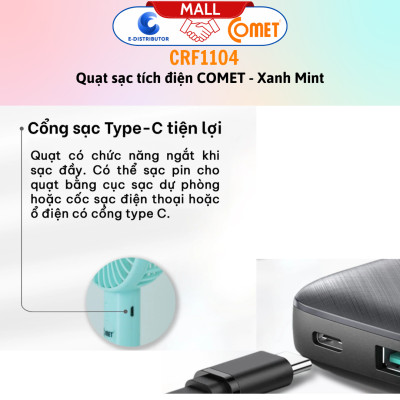Quạt Sạc Tích Điện Cầm Tay Comet CRF1104 - Công Suất	4W - Dùng Liên Tục 4H - Hàng Chính Hãng - Bảo Hành 12 Tháng