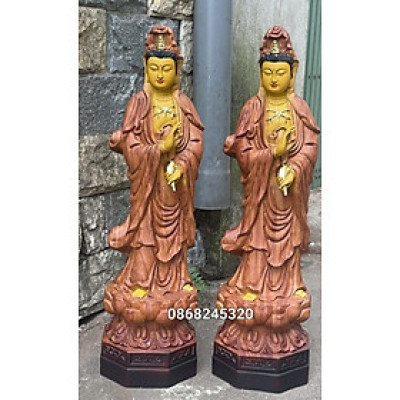 Tượng phật bà mẹ quan âm bồ tát bằng gỗ hương đá sơn pu giả cổ kt cao 60×17×17cm 