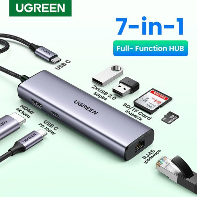 Ugreen UG90568CM512TK 4K30Hz Bộ chuyển 7in1 USB type C sang 2*USB3.0 + HDMI + RJ45 + SD & TF + PD Converter - HÀNG CHÍNH HÃNG