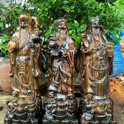 Bộ tượng phật tam đa phúc lộc thọ bằng gỗ mun hoa kt cao 50×15×12cm 