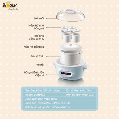 Nồi Nấu Cháo, Nấu Chậm 2,5L Bear SUBE003 - Hàng chính hãng