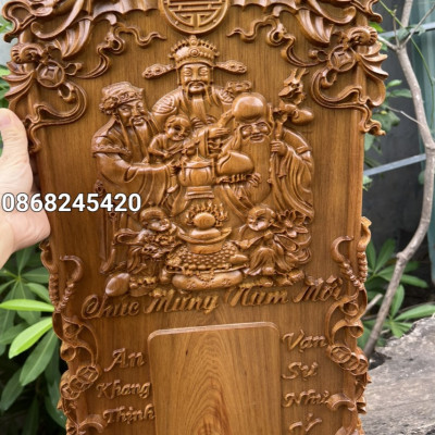 Tranh Đốc lịch treo tường khắc tam đa phúc lộc thọ bằng gỗ bách  thơm nức kt 35×60×3cm 