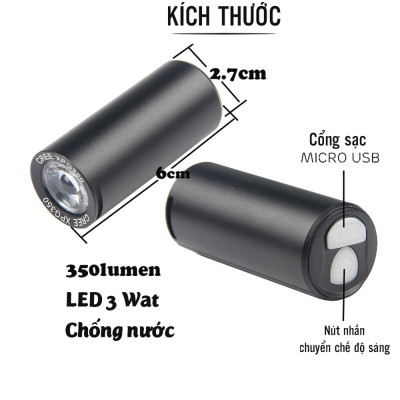 Đèn Trước Xe Đạp Nhỏ Gọn Sáng Mạnh 350 Lumens Sạc Điện USB Với Bóng Led Cree Giúp Trợ Sáng Xe Đạp Đi Đêm Mai Lee