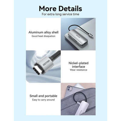 Hub Type-C to HDMI 6 in 1 cho Macbook có sạc nhanh - Chuyển đổi HUB USB Type C to HDMI, VGA, USB 3.0, PD Type-C Vention - Hàng chính hãng 
