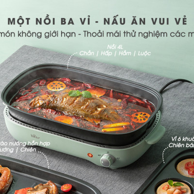 Nồi Điện Đa Năng, Nồi Lẩu Nướng Đa Năng BEAR SUBE004 3 Khay Rời Dung Tích 4L, Công Suất 1200W - Hàng Chính Hãng