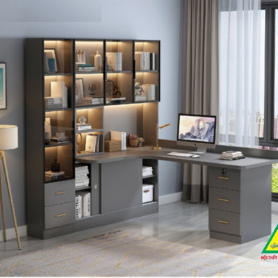 BÀN HỌC – BÀN LÀM VIỆC LIỀN KỆ GỖ MDF TỦ CÁNH KÍNH CÓ ĐÈN LED BLV401 - NỘI THẤT LẮP RÁP VIENDONGADV