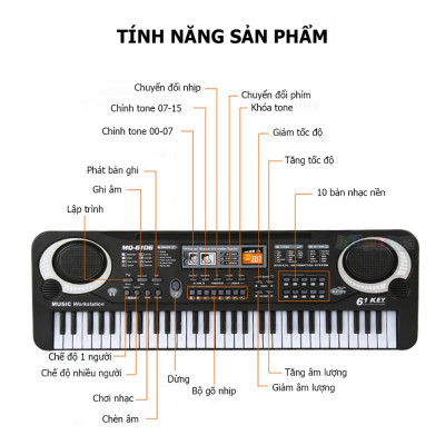Đàn Piano Cao Cấp Electronic Keyboard 61 Phím Kèm Mic Cho Bé, Nhiều Chức Năng - Đồ Chơi Cho Bé