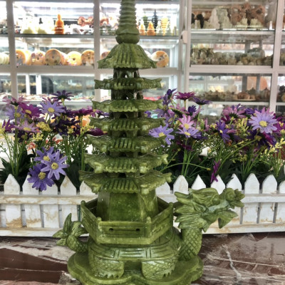 Tượng Long Quy ( Rùa đầu Rồng ) cõng tháp văn xương 7 tầng phong thủy cầu công danh tài lộc đá ngọc Ấn Độ - Dài 35 cm