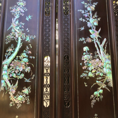 Tranh gỗ gụ khảm xà cừ ốc ,tích  tứ quý bốn mùa trong năm mầu sắc đẹp long lanh kt 37×117×3.5cm 