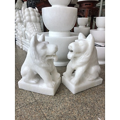 Cặp tượng chó đá phong thủy đá cẩm thạch trắng gác cổng - Cao 30 cm