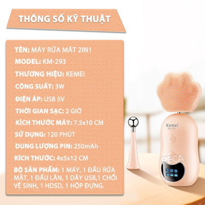 Máy rửa mặt đa năng 2in1 Kemei KM-293 điều chỉnh 3 mức tốc độ, kèm đầu lăn nâng cơ massage giảm thâm mắt - Hàng chính hãng