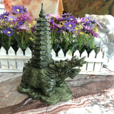 Tượng Long Quy ( Rùa đầu Rồng ) cõng tháp văn xương 9 tầng phong thủy cầu công danh tài lộc đá ngọc Ấn Độ - Dài 19 cm