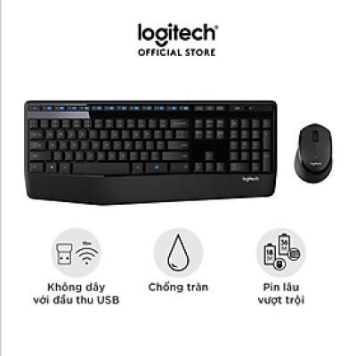 Combo chuột phím không dây Logitech MK345 - 1 đầu thu USB, pin lâu, chống tràn, fullsize - Hàng chính hãng