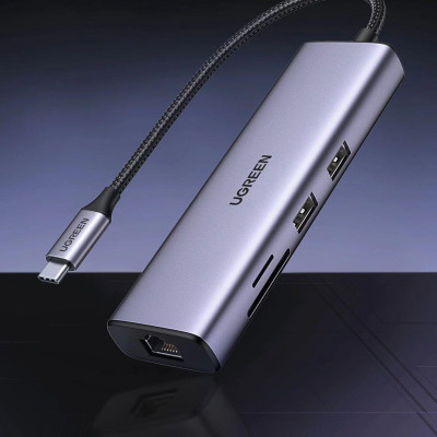 Ugreen UG90568CM512TK 4K30Hz Bộ chuyển 7in1 USB type C sang 2*USB3.0 + HDMI + RJ45 + SD & TF + PD Converter - HÀNG CHÍNH HÃNG
